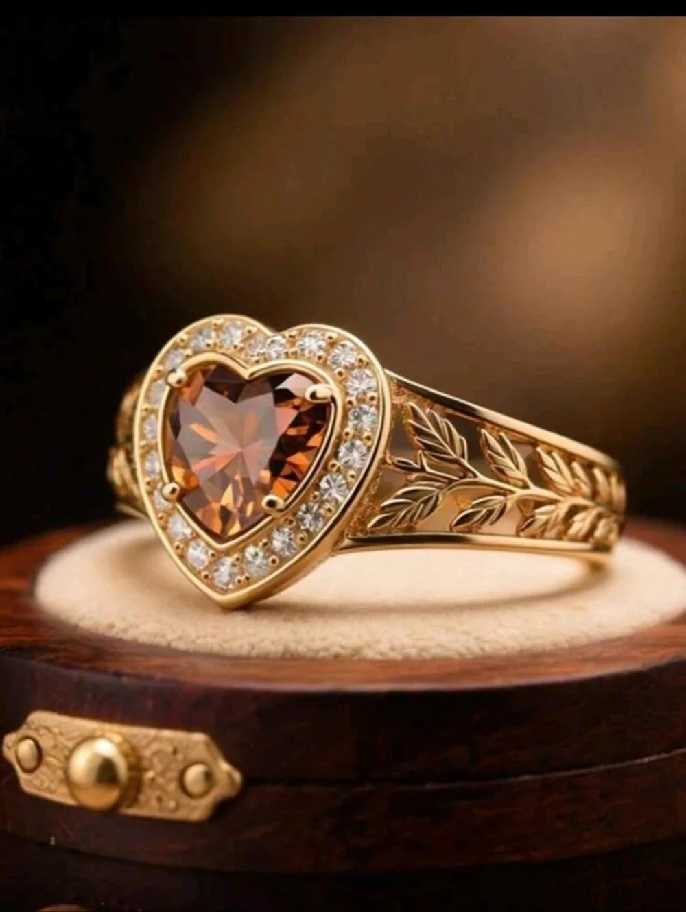 BRAND NEW ** Gold Heart Halo Ring with Brown Heart Gem